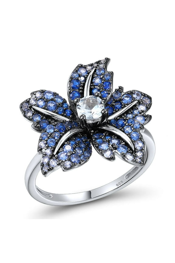 925 Sterling Silver Lily Ring Blue Spinel Cubic Zirconia Gemstone Flower Statement Ring for Women