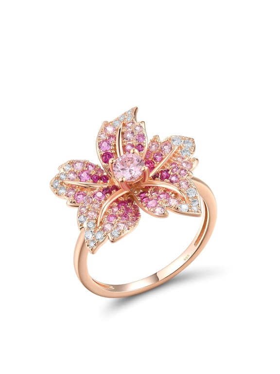 925 Sterling Silver Lily Ring Created Pink Sapphire Cubic Zirconia Gemstone Flower Statement Ring for Women