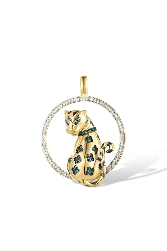 925 Sterling Silver Looking Back Golden Leopard Pendant Green Spinel Cubic Zirconia Panther Pendant for Women