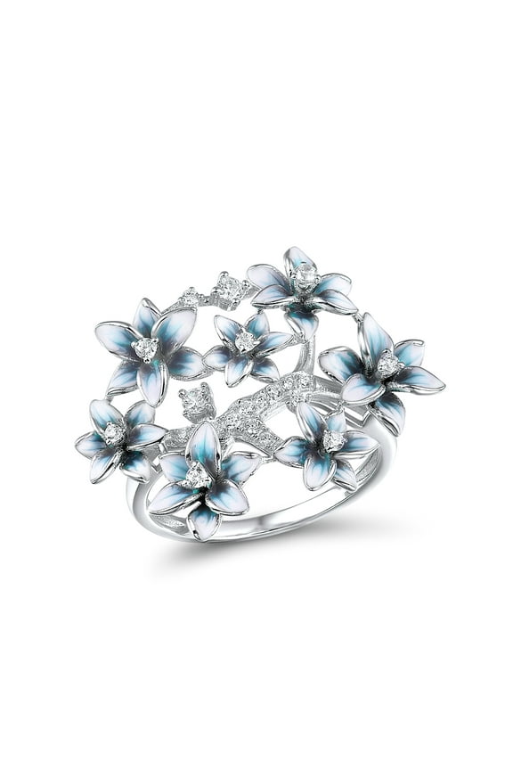 925 Sterling Silver Orchid Ring Cubic Zirconia Handmade Enamel Blue Flower Ring for Women