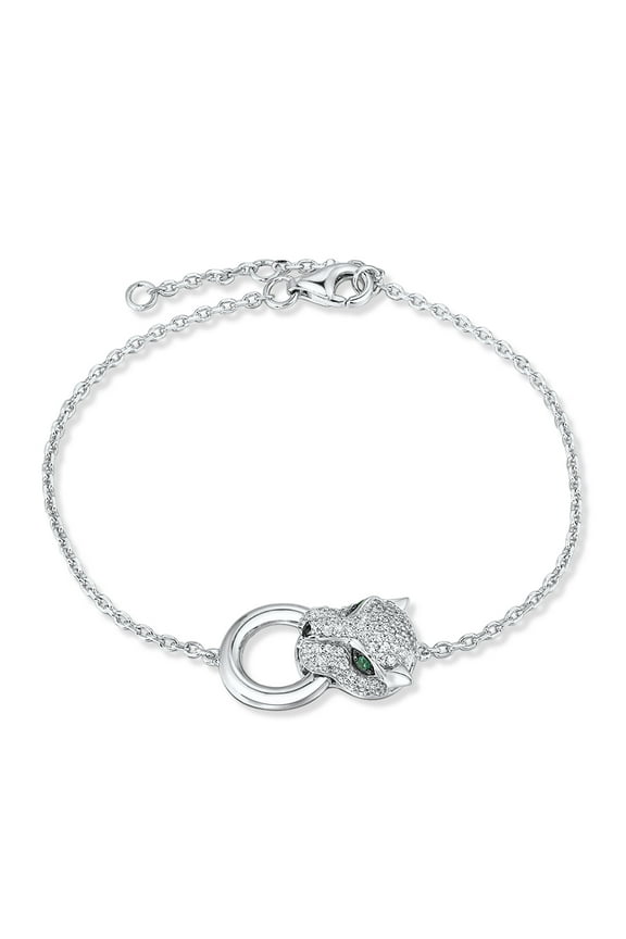 925 Sterling Silver Panther Bracelet Cubic Zirconia Green Spinel Leopard Jaguar Bracelets for Women