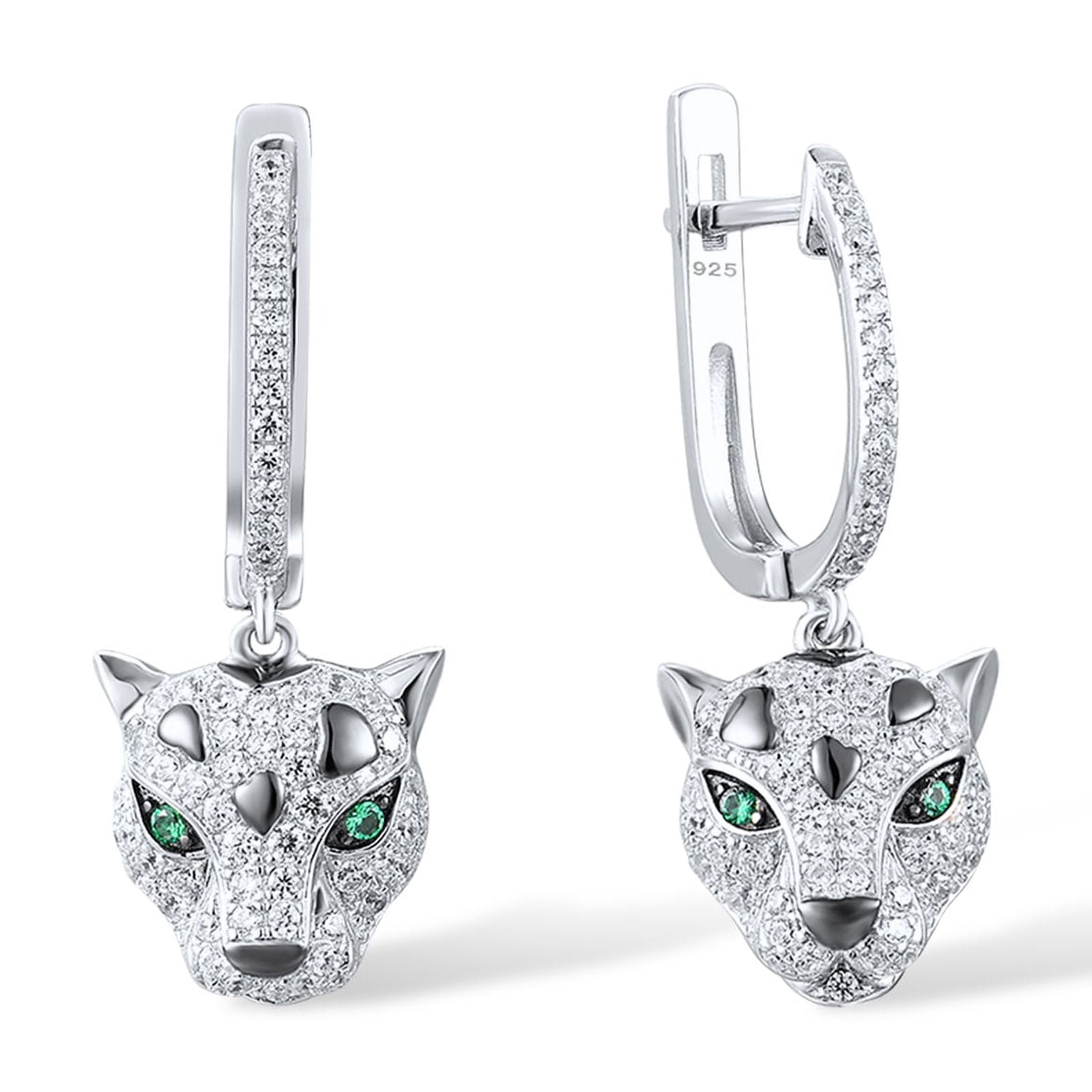 Santuzza 925 Sterling Silver Panther Earrings Green Spinel Cubic Zirconia Leopard Dangle Earrings for Women