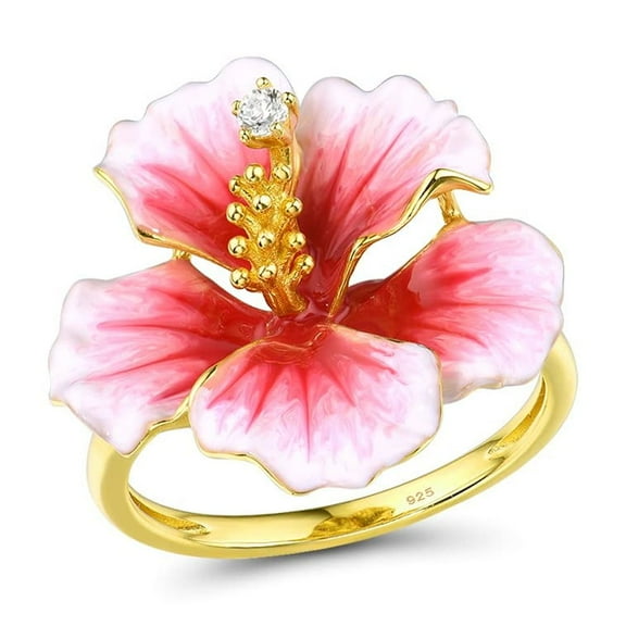 Santuzza 925 Sterling Silver Peony Ring Cubic Zirconia Enamel Pink Flower Ring for Women