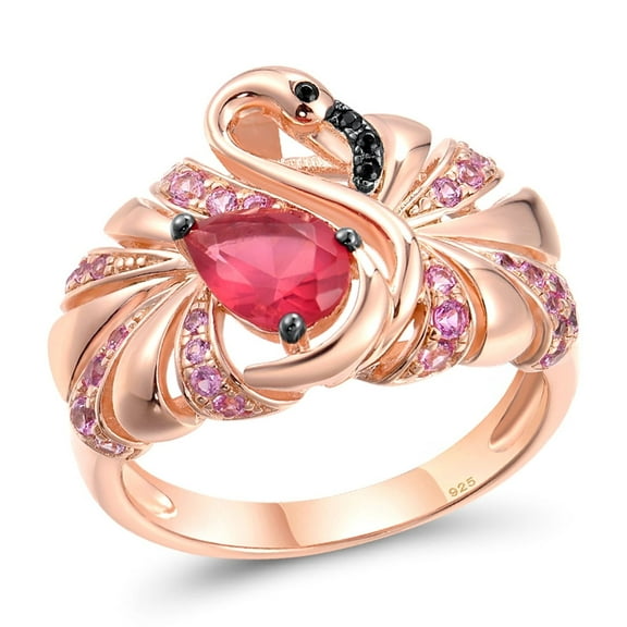 Santuzza 925 Sterling Silver Pink Flamingo Ring Red Nano Crystal Created Pink Sapphire Bird Ring for Women