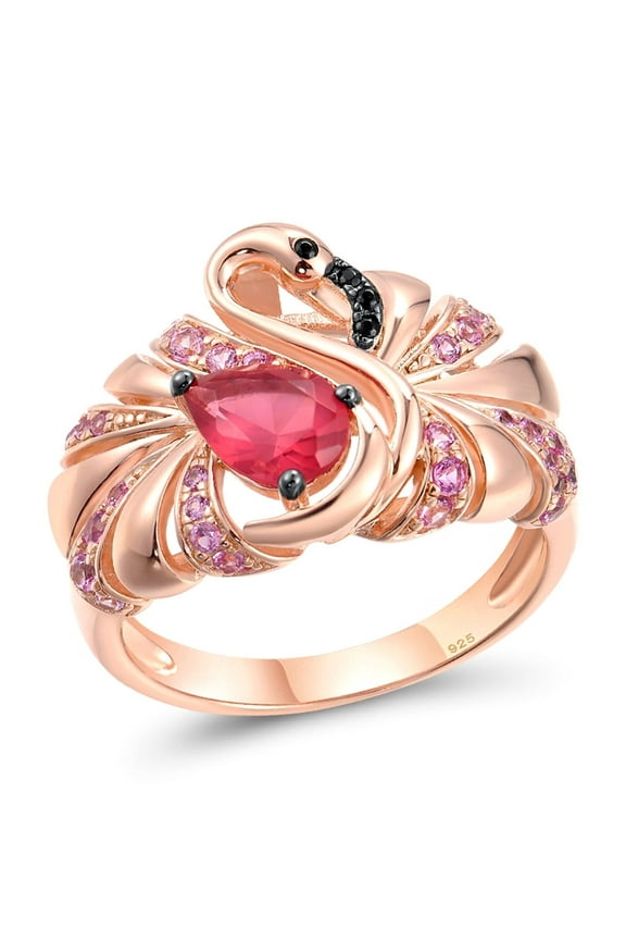 925 Sterling Silver Pink Flamingo Ring Red Nano Crystal Created Pink Sapphire Bird Ring for Women