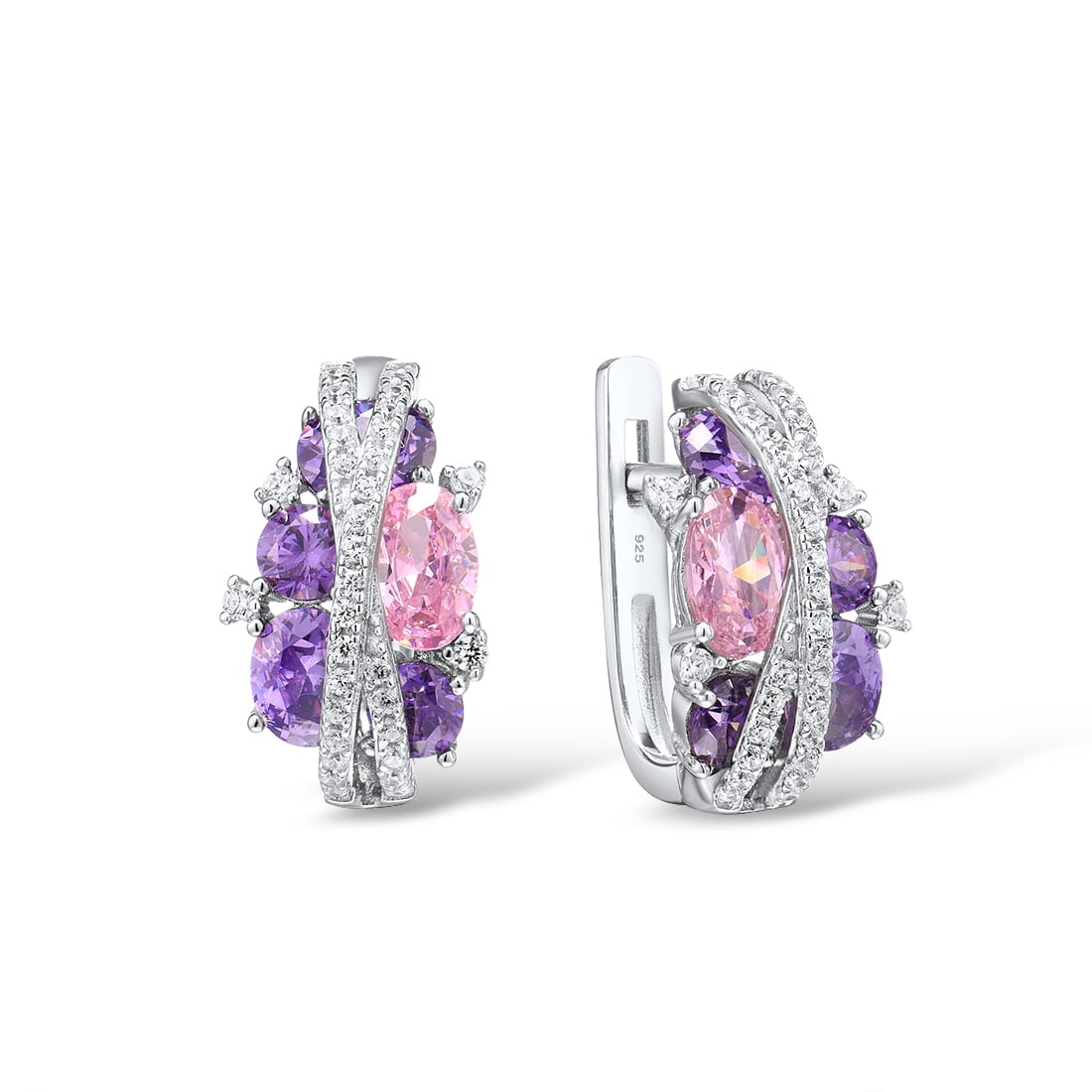 Santuzza Orecchini A Goccia In Argento 925 Con Zirconia Rosa E Viola - Pendenti Twist - Regalo Per Donna