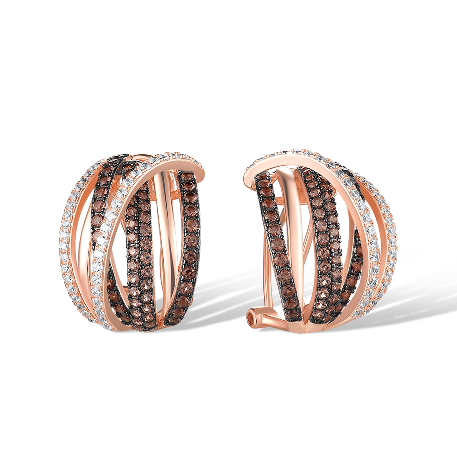 Santuzza 925 Sterling Silver Twisted Earrings Nano Brown Spinel White Cubic Zirconia Omega Back Earrings for Women