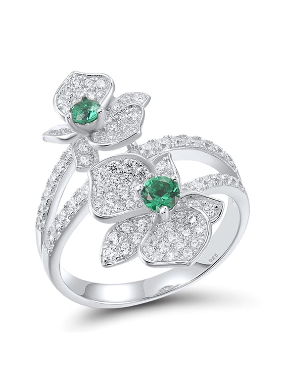 925 Sterling Silver White Flowers Ring Green Spinel Cubic Zirconia Double Lily Open Ring for Women
