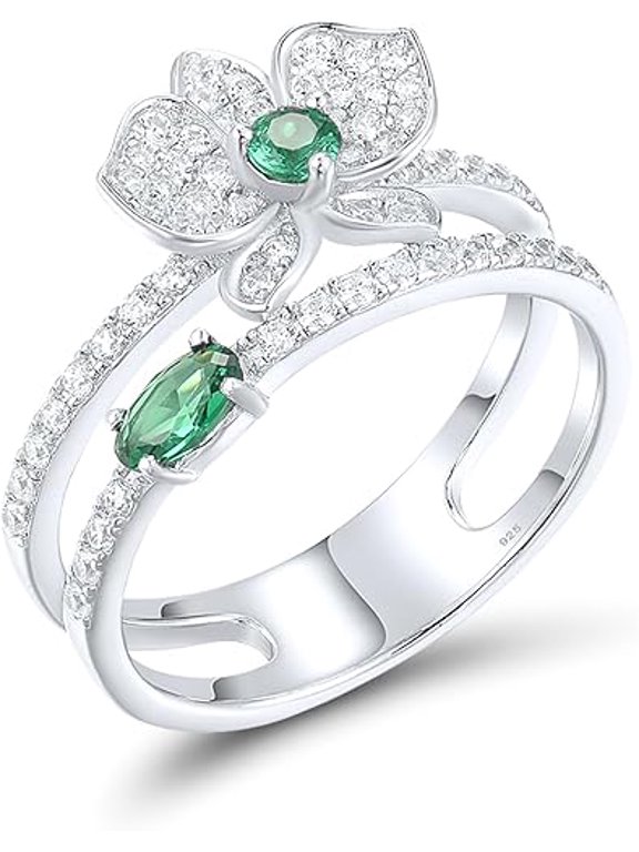 925 Sterling Silver White Lily Ring Green Spinel Cubic Zirconia Flower Enhancer Guard Double Ring for Women