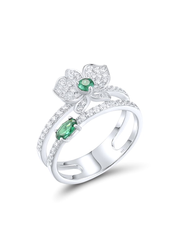925 Sterling Silver White Lily Ring Green Spinel Cubic Zirconia Flower Enhancer Guard Double Ring for Women