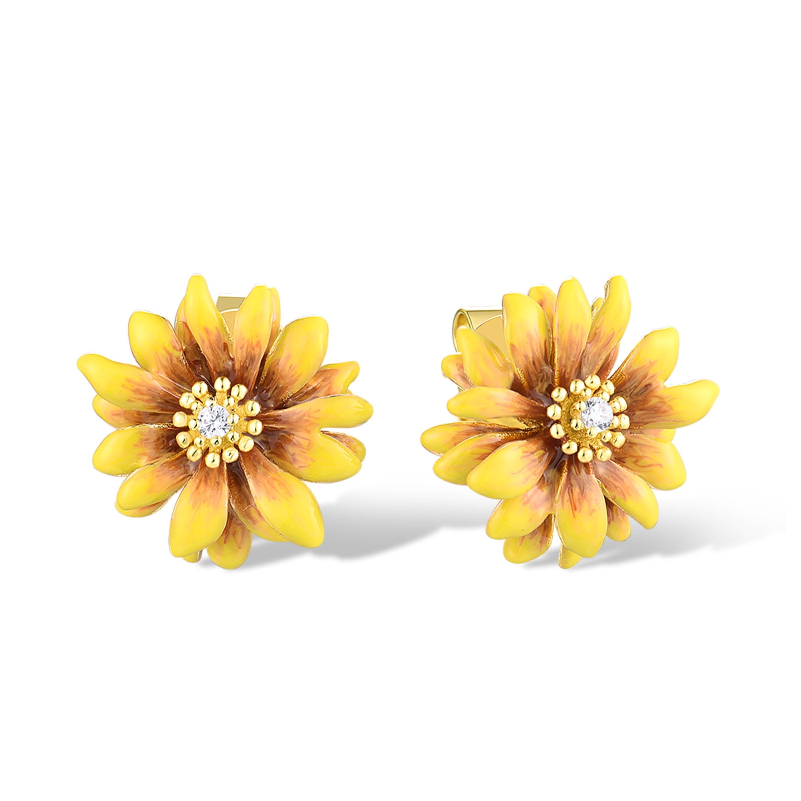 Santuzza Daisy Earrings 925 Sterling Silver White Cubic Zirconia Enamel Yellow Flower Stud Earrings for Women
