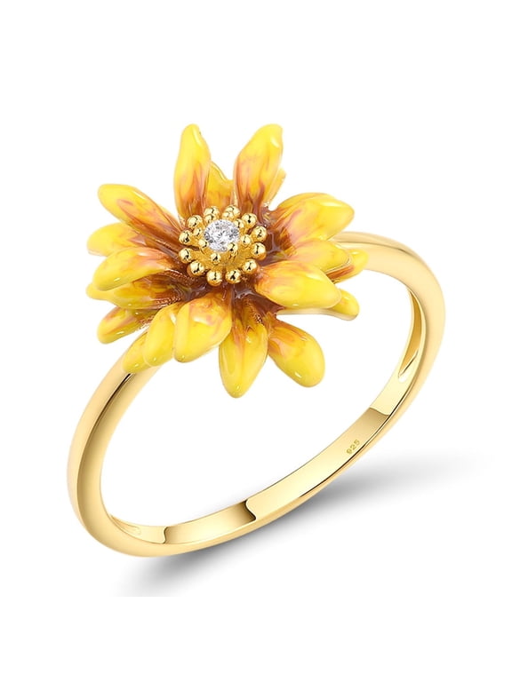 Daisy Ring 925 Sterling Silver White Cubic Zirconia Enamel Yellow Flower Statement Ring for Women