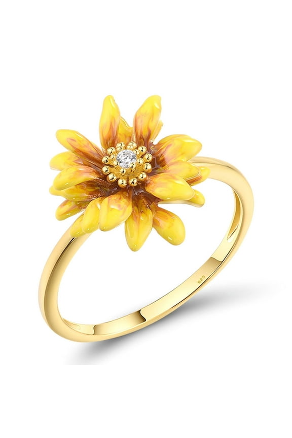 Daisy Ring 925 Sterling Silver White Cubic Zirconia Enamel Yellow Flower Statement Ring for Women