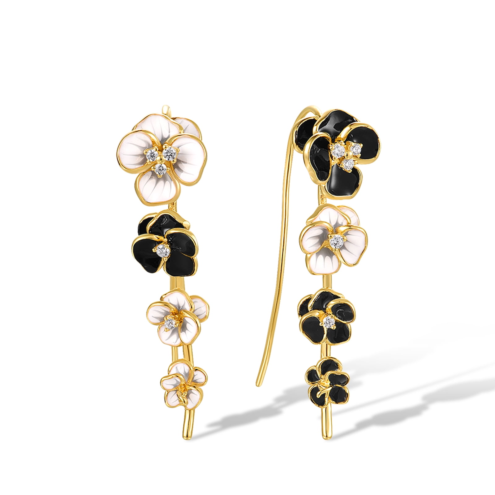 Santuzza Enamel Black & White Flower Ear Climber Earrings Peony Gold Plated Ear Crawler Earrings for Women