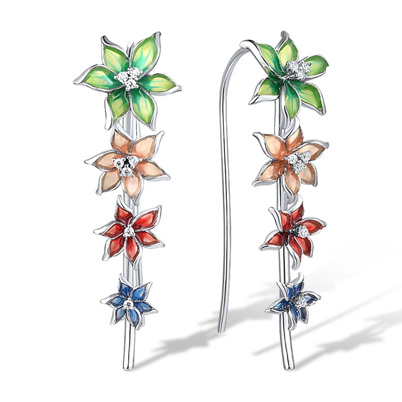 Santuzza Enamel Colorful Orchid Ear Cuffs Climber Earrings 925 Sterling Silver Flower Ear Crawler Earrings for Women