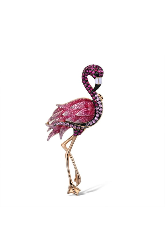 Flamingo Brooch 925 Sterling Silver Enamel Bird Created Pink Sapphire Brooches Pin for Women