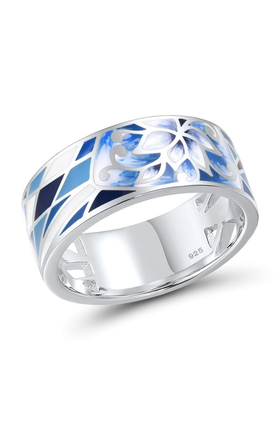 Lily Ring 925 Sterling Silver Oriental Blue Flower Enamel Pattern Ring for Women