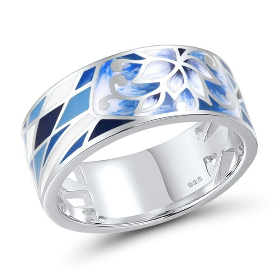 Santuzza Lily Ring 925 Sterling Silver Oriental Blue Flower Enamel Pattern Ring for Women