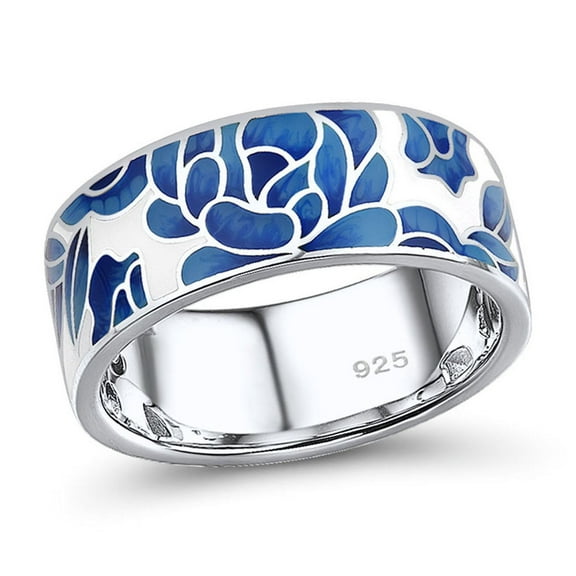 Santuzza Lotus Ring 925 Sterling Silver Enamel Flower Pattern Ring for Women