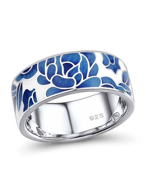 Lotus Ring 925 Sterling Silver Enamel Flower Pattern Ring for Women
