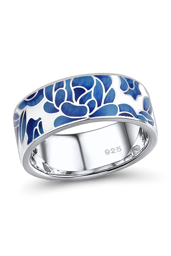 Lotus Ring 925 Sterling Silver Enamel Flower Pattern Ring for Women