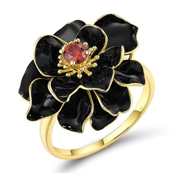 Santuzza Lotus Ring 925 Sterling Silver Garnet Cubic Zirconia Handmade Enamel Black Flower Ring for Women