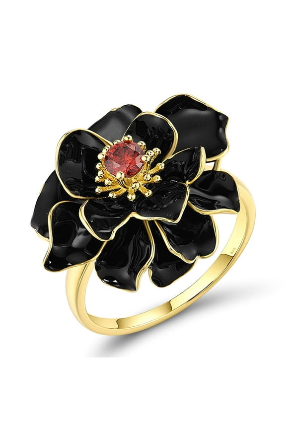 Lotus Ring 925 Sterling Silver Garnet Cubic Zirconia Handmade Enamel Black Flower Ring for Women