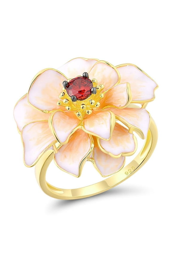 Lotus Ring 925 Sterling Silver Garnet Cubic Zirconia Handmade Enamel Flower Ring for Women