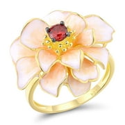 Santuzza Lotus Ring 925 Sterling Silver Garnet Cubic Zirconia Handmade Enamel Flower Ring for Women