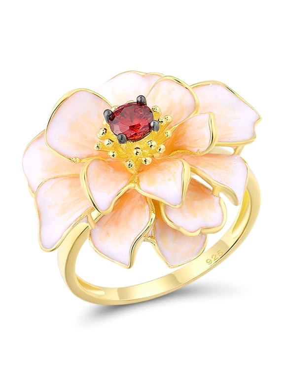 Lotus Ring 925 Sterling Silver Garnet Cubic Zirconia Handmade Enamel Flower Ring for Women