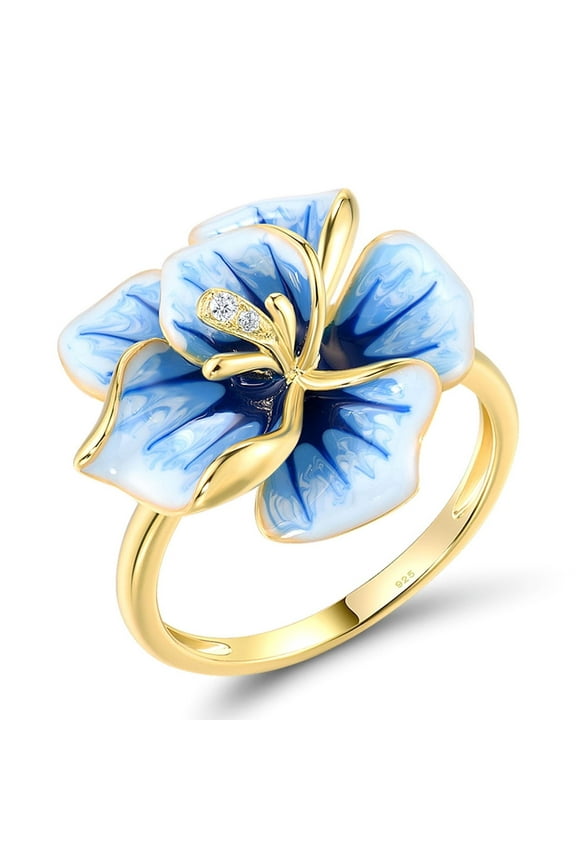 Orchid Ring 925 Sterling Silver White Cubic Zirconia Enamel Blue Flower Statement Ring for Women