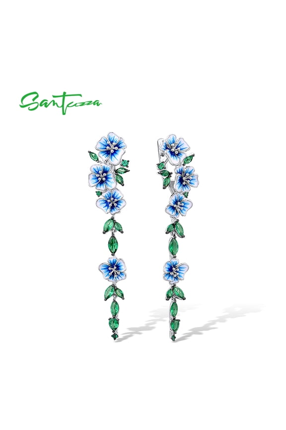 Peony Earrings 925 Sterling Silver Green Spinel Handmade Enamel Blue Flower Gemstone Earrings for Women