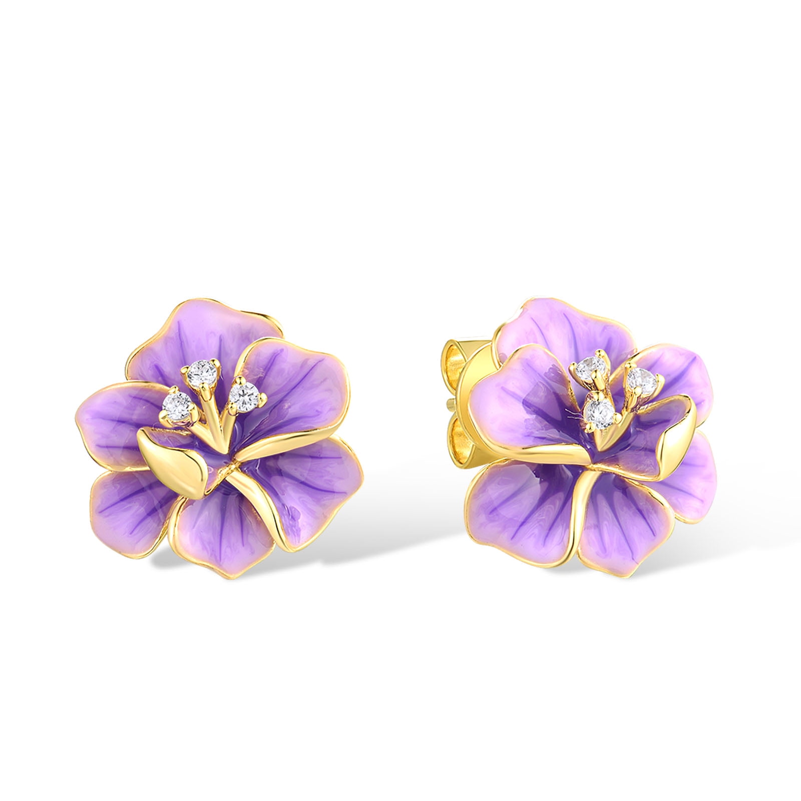 Santuzza Peony Earrings 925 Sterling Silver White Cubic Zirconia Enamel Purple Flower Stud Earrings for Women