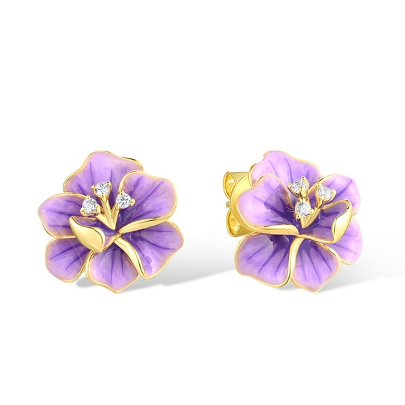 Santuzza Peony Earrings 925 Sterling Silver White Cubic Zirconia Enamel Purple Flower Stud Earrings for Women