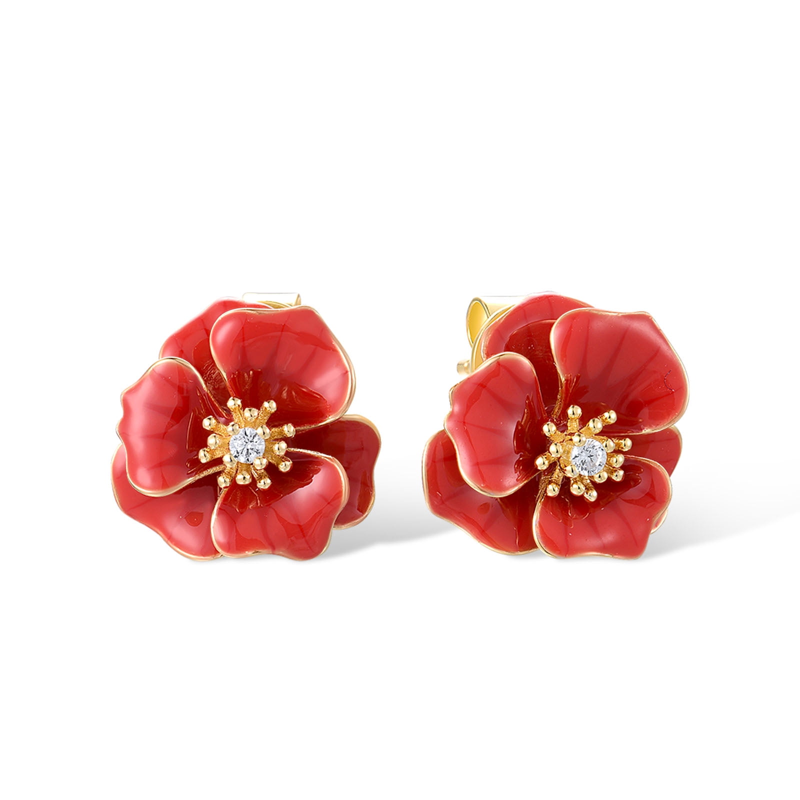 Santuzza Peony Earrings 925 Sterling Silver White Cubic Zirconia Enamel Red Flower Stud Earrings for Women