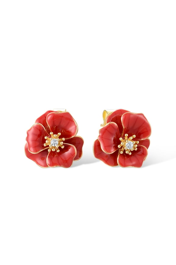 Peony Earrings 925 Sterling Silver White Cubic Zirconia Enamel Red Flower Stud Earrings for Women