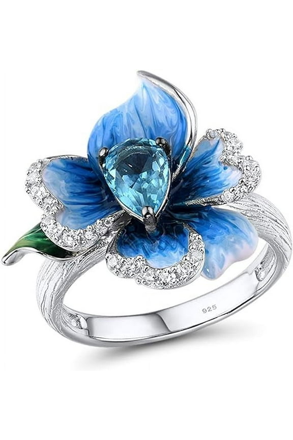 Peony Ring 925 Sterling Silver Blue Glass Handmade Enamel Flower Ring for Women