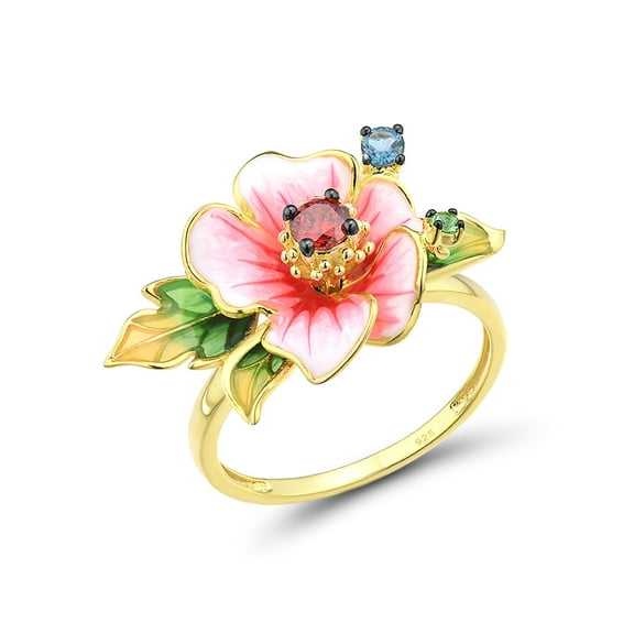 Santuzza Peony Ring 925 Sterling Silver Garnet Handmade Enamel Flower Ring for Women