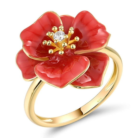 Santuzza Peony Ring 925 Sterling Silver White Cubic Zirconia Enamel Red Flower Statement Ring for Women