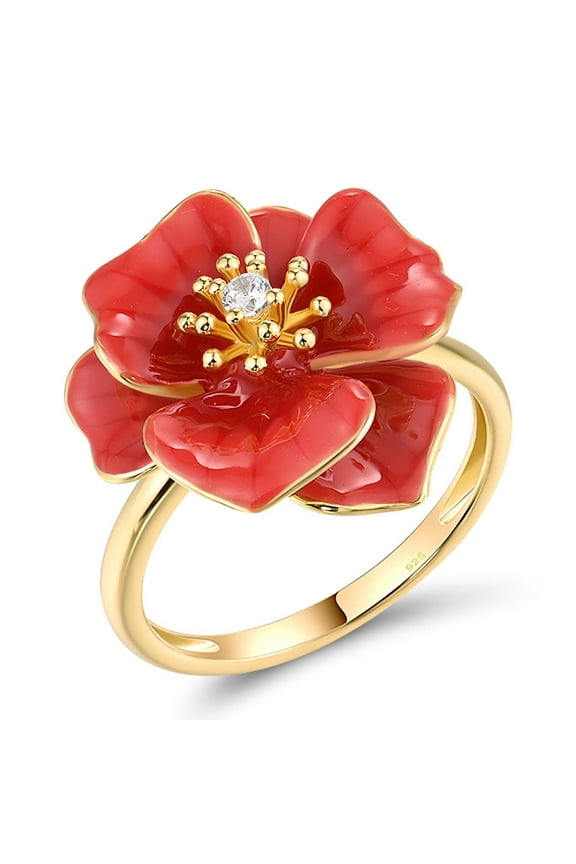 Peony Ring 925 Sterling Silver White Cubic Zirconia Enamel Red Flower Statement Ring for Women
