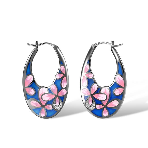 Santuzza Sakura Earrings 925 Sterling Silver Enamel Cherry Blossom Pink Flower Hoop Earrings for Women