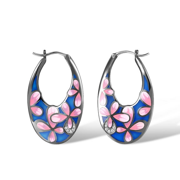 Santuzza Sakura Earrings 925 Sterling Silver Enamel Cherry Blossom Pink Flower Hoop Earrings for Women