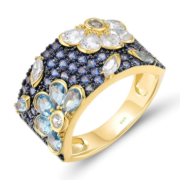 Santuzza Sterling Silver Blue & White Orchid Ring Blue Spinel Cubic Zirconia Gold Plated Flower Band Ring for Women