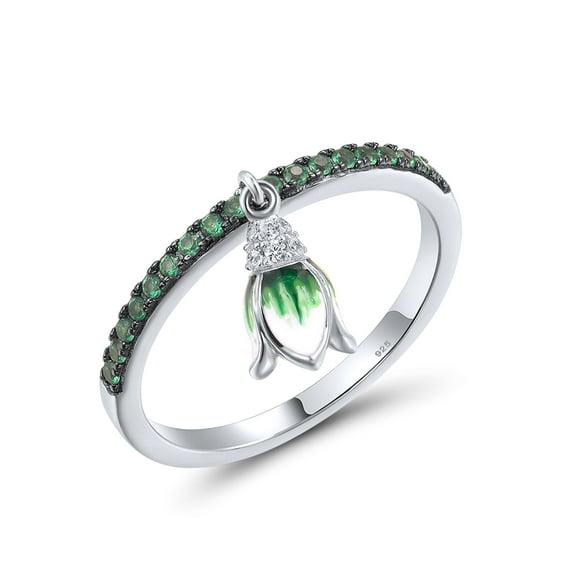 Santuzza Sterling Silver Dangle Green Enamel Tulip Green Spinel Cubic Zirconia Beaded Ring for Women