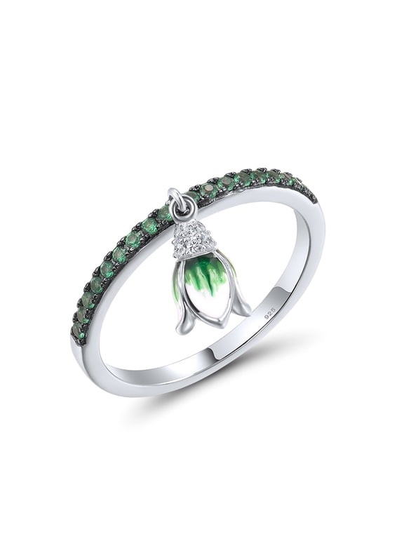 Sterling Silver Dangle Green Enamel Tulip Green Spinel Cubic Zirconia Beaded Ring for Women
