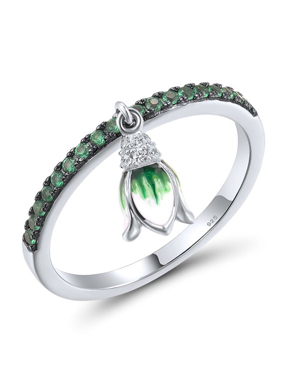 Sterling Silver Dangle Green Enamel Tulip Green Spinel Cubic Zirconia Beaded Ring for Women