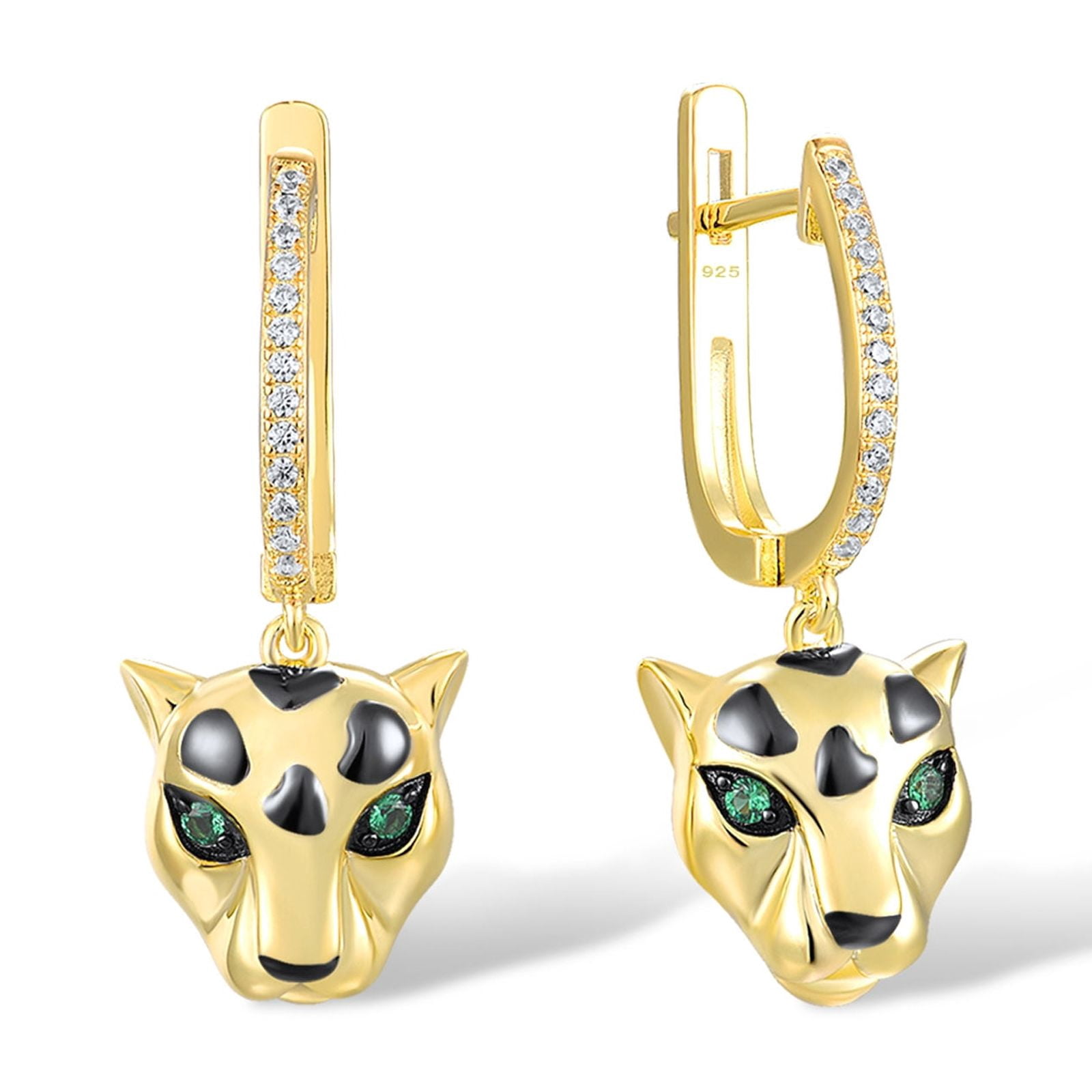 Santuzza Sterling Silver Panther Yellow Gold Plating Earrings Green Spinel Cubic Zirconia Leopard Dangle Earrings for Women