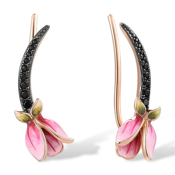 Santuzza Sterling Silver Pink Enamel Tulip Ear Cuffs Climber Earrings Black Spinel Rose Plated Flower Ear Crawler Earrings for Women