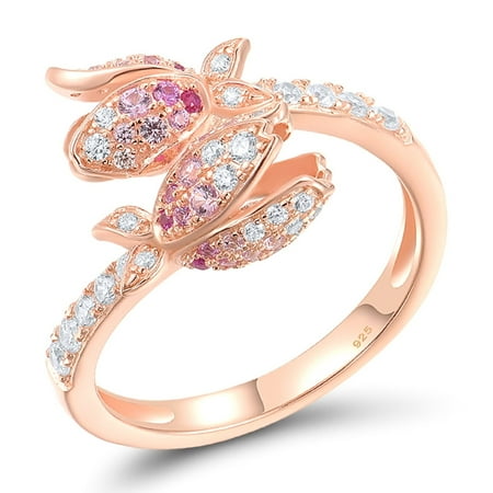 Santuzza Sterling Silver Pink Tulip Ring Created Pink Sapphire Cubic Zirconia Rose Plated Flower Open Ring for Women