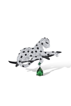 Sterling Silver White Leopard Lying on Tree Branch Brooch Green Glass Cubic Zirconia Panther Brooch for Women